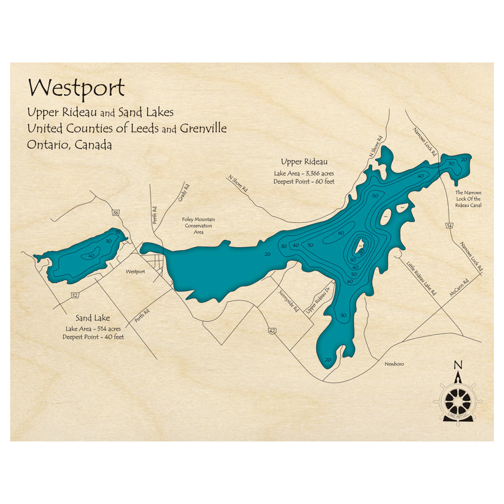 Bathymetric topo map of Westport – Rideau Lake, ON with roads, towns and depths noted in blue water.
