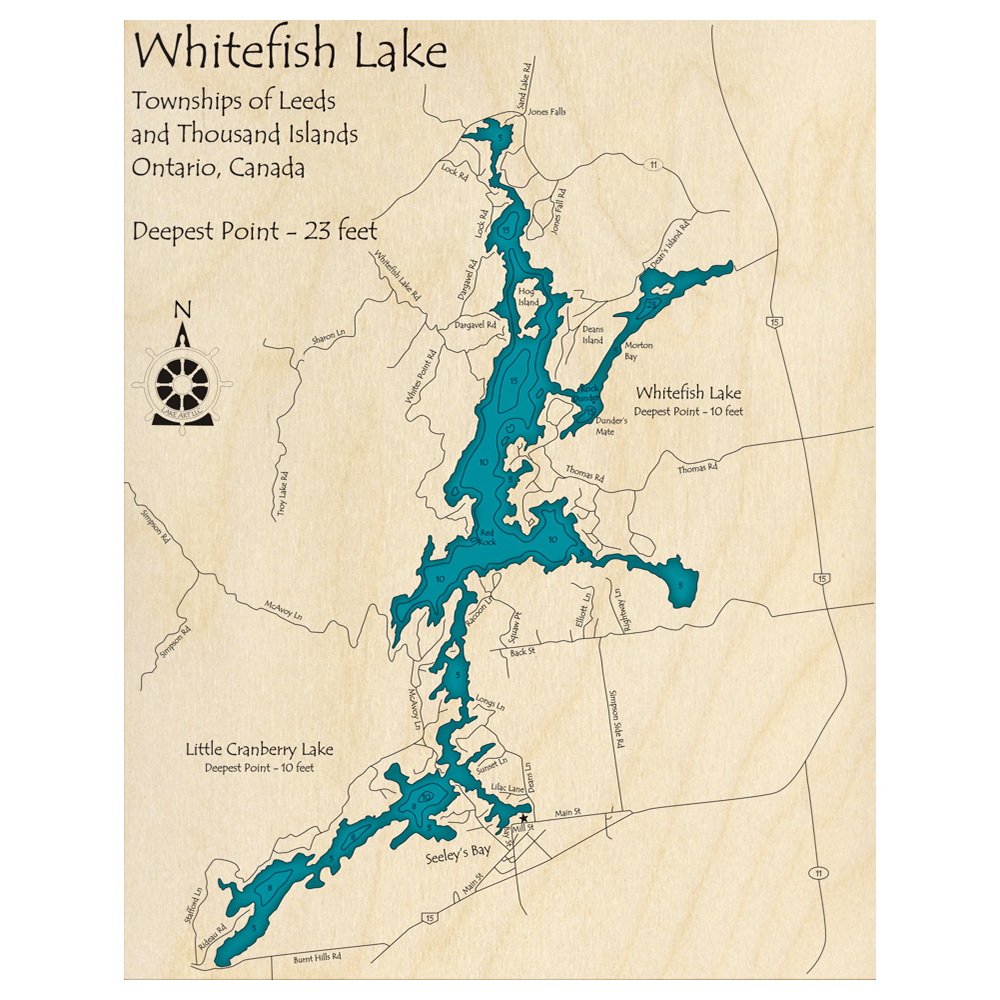 Bathymetric topo map of Whitefish Lake, ON with roads, towns and depths noted in blue water.
