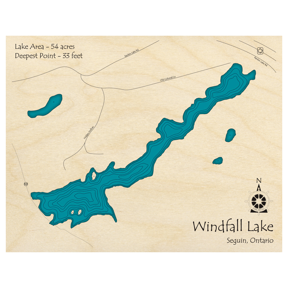 Bathymetric topo map of Windfall Lake, ON with roads, towns and depths noted in blue water.