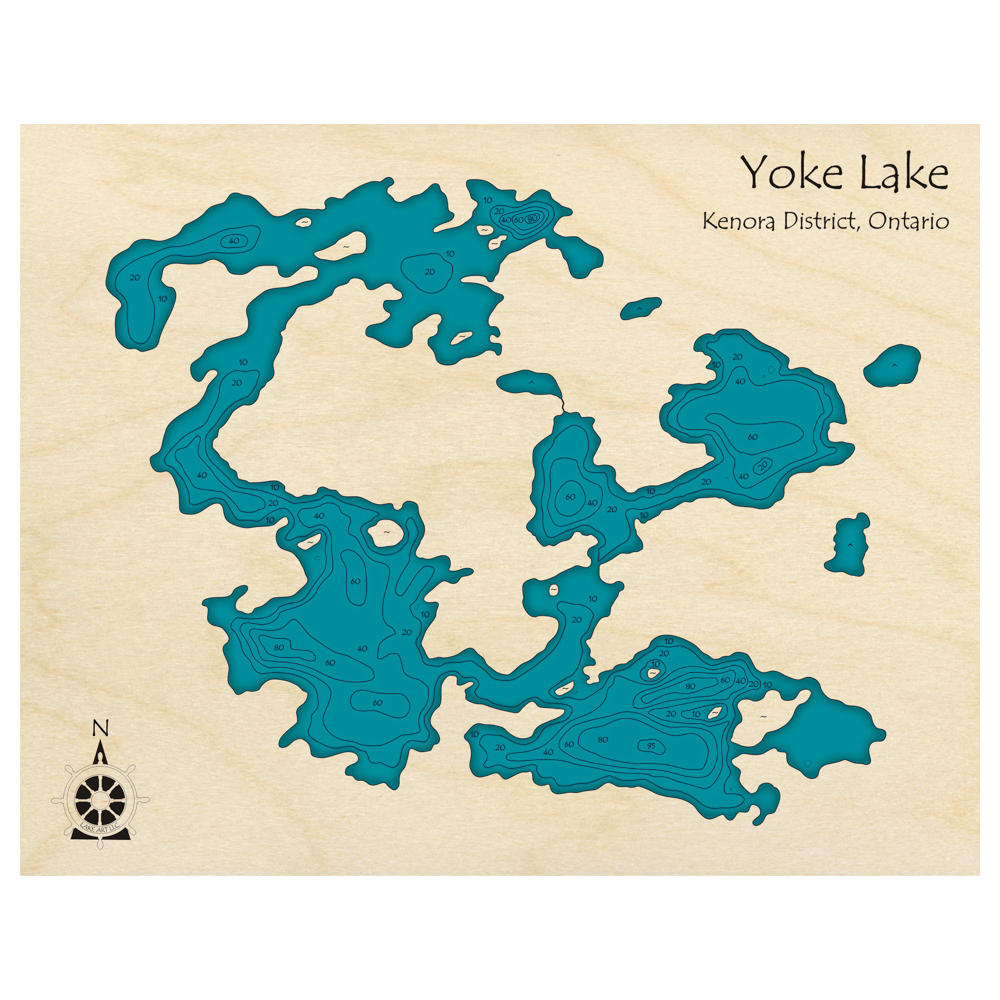 Bathymetric topo map of Yoke Lake, ON with roads, towns and depths noted in blue water.