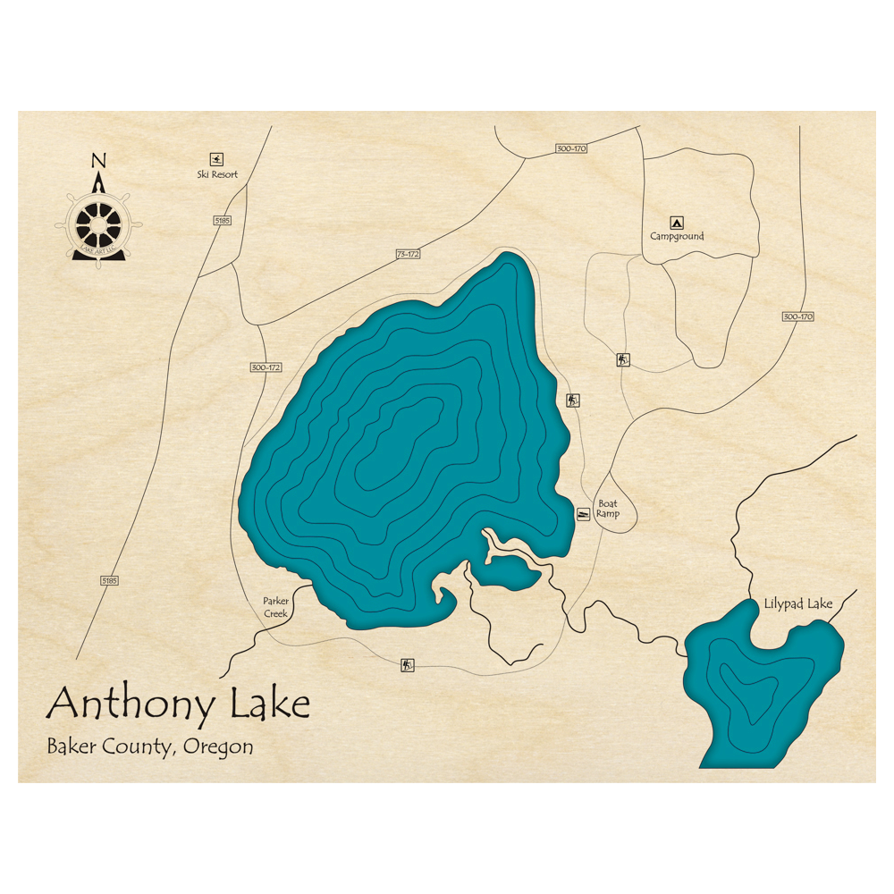 Bathymetric topo map of Anthony Lake, OR with roads, towns and depths noted in blue water.