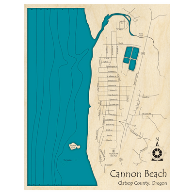 Bathymetric topo map of Cannon Beach, OR with roads, towns and depths noted in blue water.