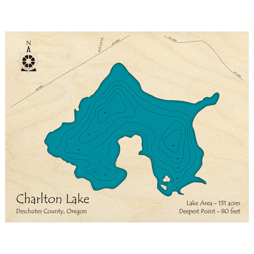 Bathymetric topo map of Charlton Lake, OR with roads, towns and depths noted in blue water.