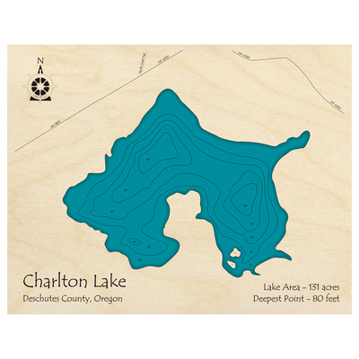 Bathymetric topo map of Charlton Lake, OR with roads, towns and depths noted in blue water.