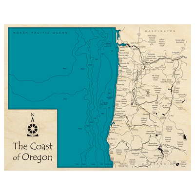 Bathymetric topo map of Coast of Oregon, OR with roads, towns and depths noted in blue water.