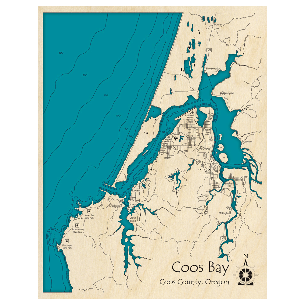 Bathymetric topo map of Coos Bay, OR with roads, towns and depths noted in blue water.