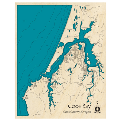 Bathymetric topo map of Coos Bay, OR with roads, towns and depths noted in blue water.