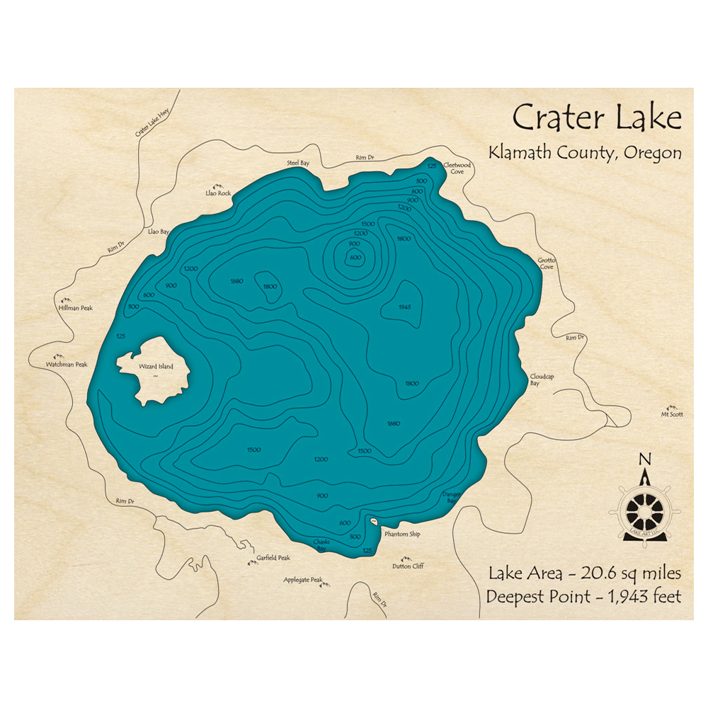 Bathymetric topo map of Crater Lake, OR with roads, towns and depths noted in blue water.