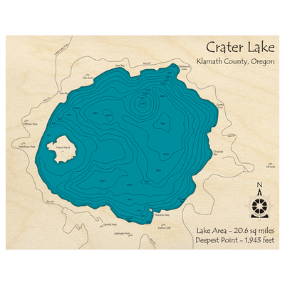 Bathymetric topo map of Crater Lake, OR with roads, towns and depths noted in blue water.