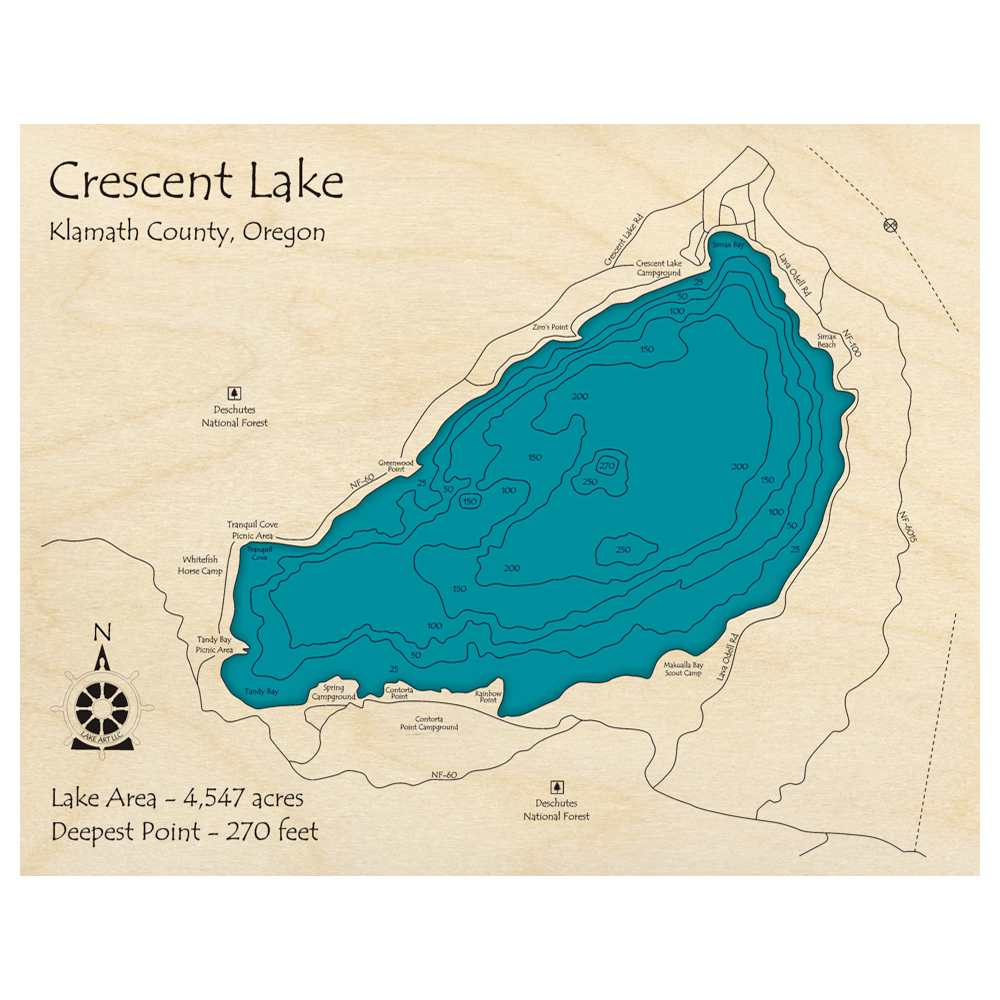 Bathymetric topo map of Crescent Lake, OR with roads, towns and depths noted in blue water.