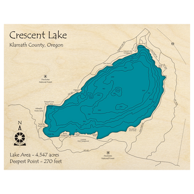 Bathymetric topo map of Crescent Lake, OR with roads, towns and depths noted in blue water.