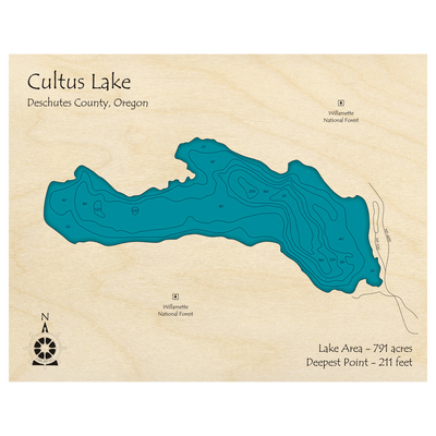 Bathymetric topo map of Cultus Lake, OR with roads, towns and depths noted in blue water.
