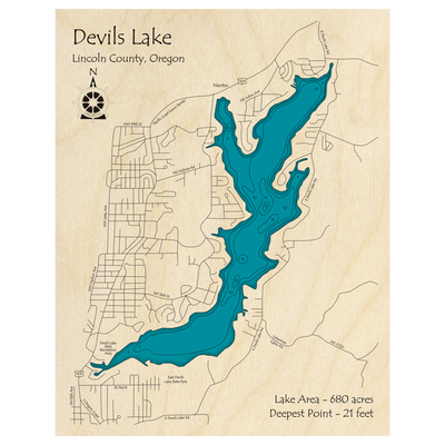 Bathymetric topo map of Devils Lake, OR with roads, towns and depths noted in blue water.