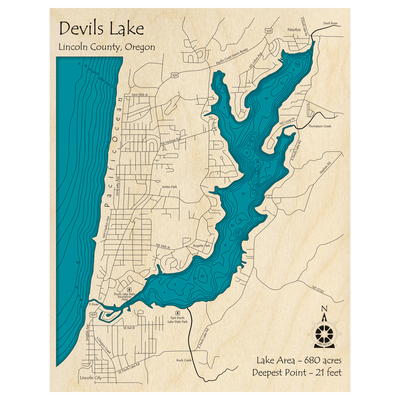 Bathymetric topo map of Devils Lake, OR with roads, towns and depths noted in blue water.