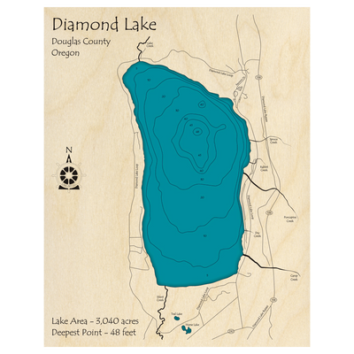 Bathymetric topo map of Diamond Lake, OR with roads, towns and depths noted in blue water.