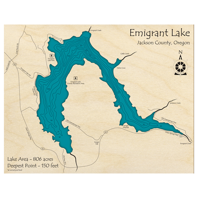 Bathymetric topo map of Emigrant Lake, OR with roads, towns and depths noted in blue water.