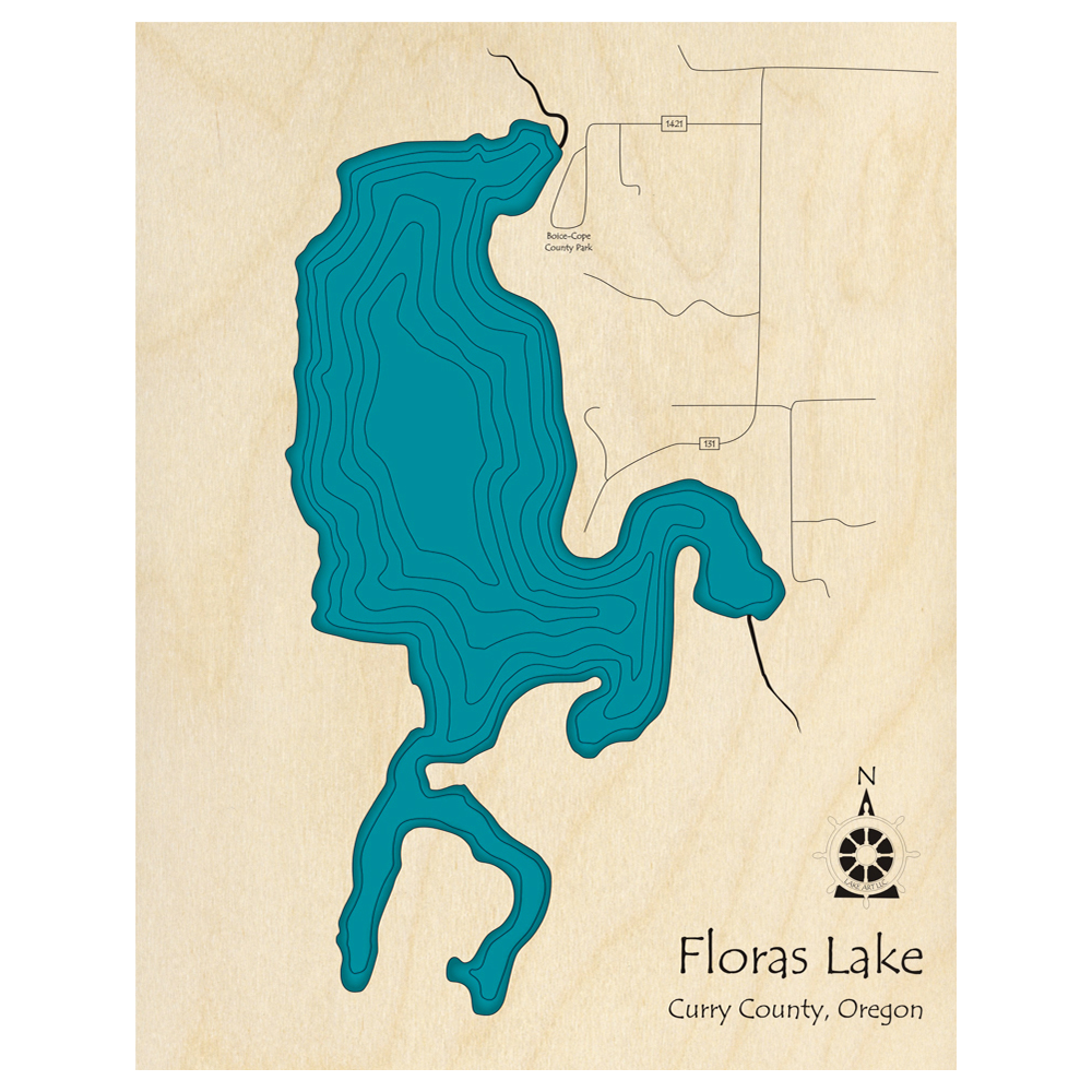 Bathymetric topo map of Floras Lake, OR with roads, towns and depths noted in blue water.