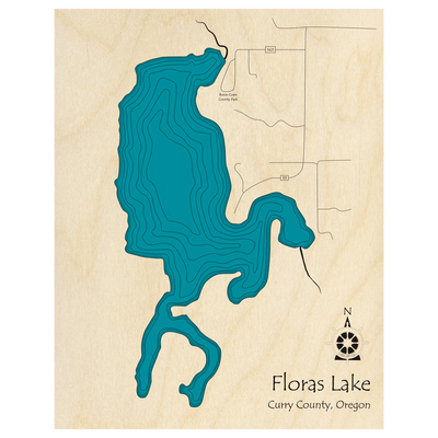 Bathymetric topo map of Floras Lake, OR with roads, towns and depths noted in blue water.