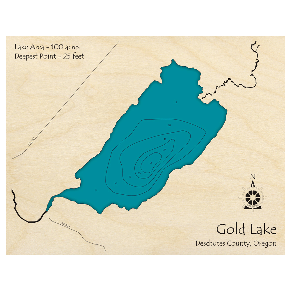 Bathymetric topo map of Gold Lake, OR with roads, towns and depths noted in blue water.