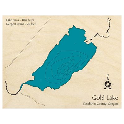 Bathymetric topo map of Gold Lake, OR with roads, towns and depths noted in blue water.