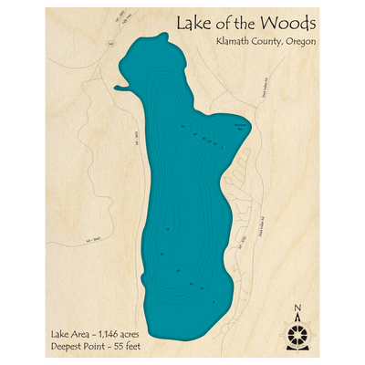 Bathymetric topo map of Lake of the Woods, OR with roads, towns and depths noted in blue water.
