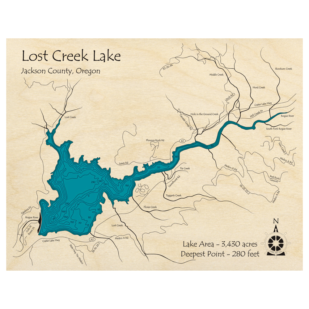 Bathymetric topo map of Lost Creek, OR with roads, towns and depths noted in blue water.