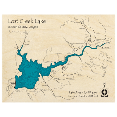 Bathymetric topo map of Lost Creek, OR with roads, towns and depths noted in blue water.
