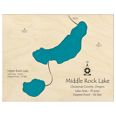 Bathymetric topo map of Middle and Upper Rock Lakes, OR with roads, towns and depths noted in blue water.