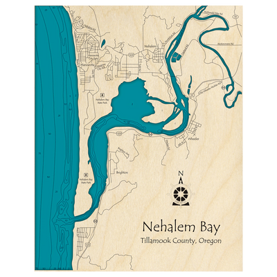 Bathymetric topo map of Nehalem Bay, OR with roads, towns and depths noted in blue water.