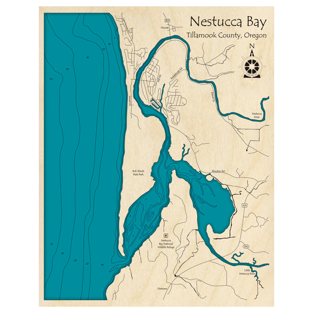 Bathymetric topo map of Nestucca Bay, OR with roads, towns and depths noted in blue water.