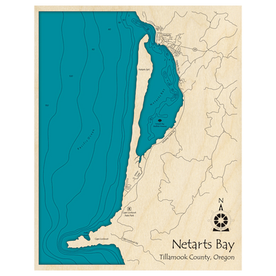 Bathymetric topo map of Netarts Bay, OR with roads, towns and depths noted in blue water.