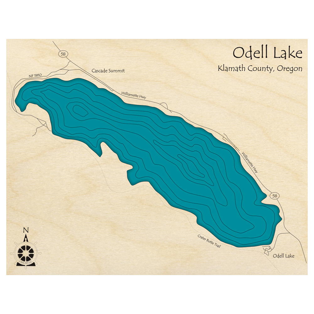 Bathymetric topo map of Odell Lake, OR with roads, towns and depths noted in blue water.