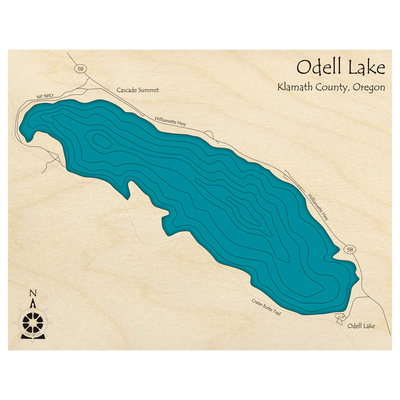 Bathymetric topo map of Odell Lake, OR with roads, towns and depths noted in blue water.