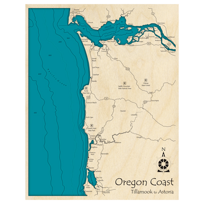 Bathymetric topo map of Oregon Coast, OR with roads, towns and depths noted in blue water.