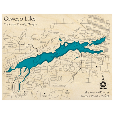 Bathymetric topo map of Oswego Lake, OR with roads, towns and depths noted in blue water.
