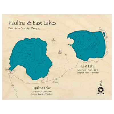 Bathymetric topo map of Paulina and East Lakes, OR with roads, towns and depths noted in blue water.
