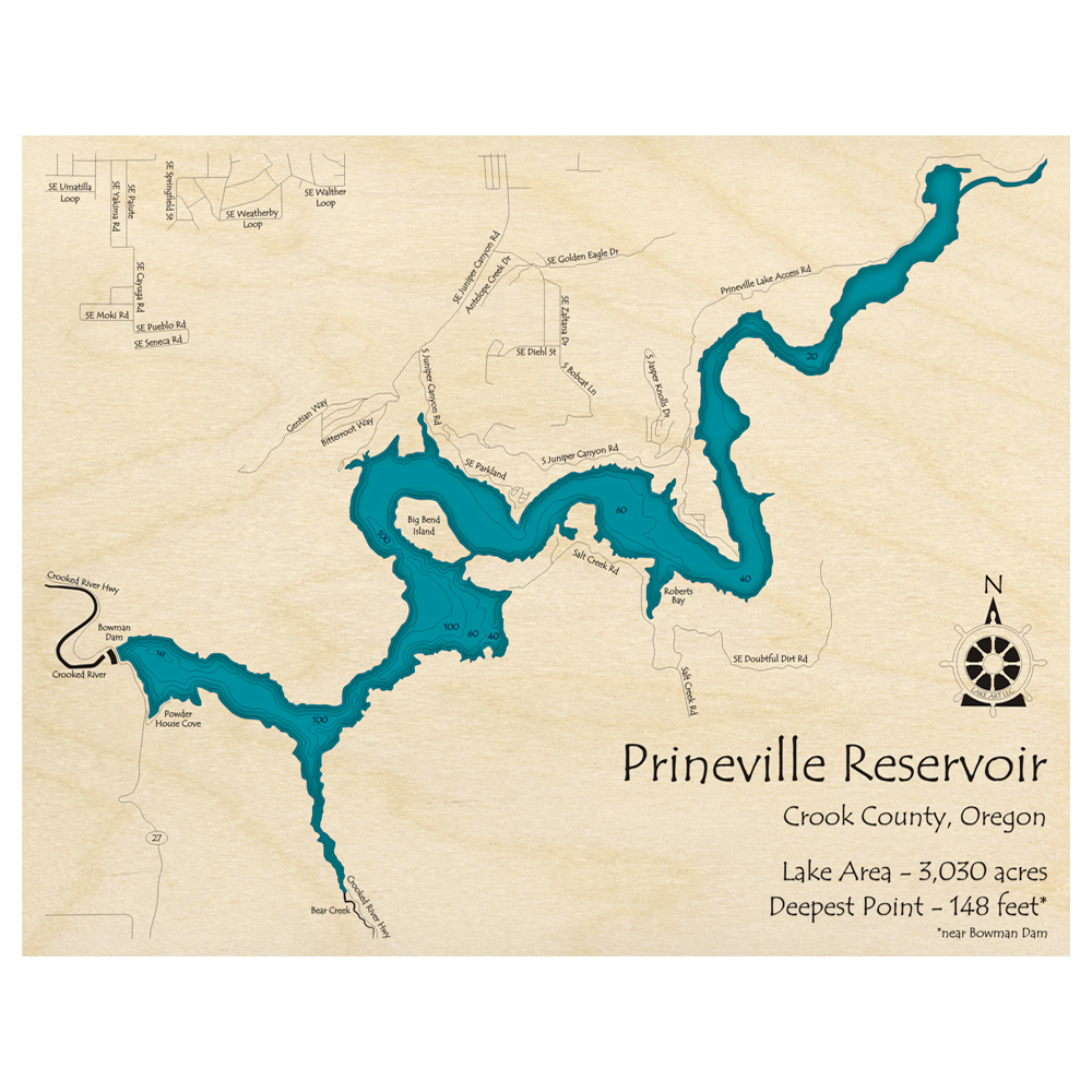 Bathymetric topo map of Prineville Reservoir, OR with roads, towns and depths noted in blue water.