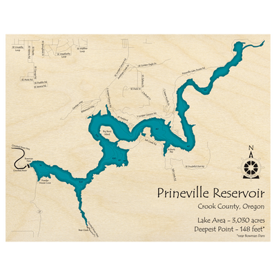 Bathymetric topo map of Prineville Reservoir, OR with roads, towns and depths noted in blue water.