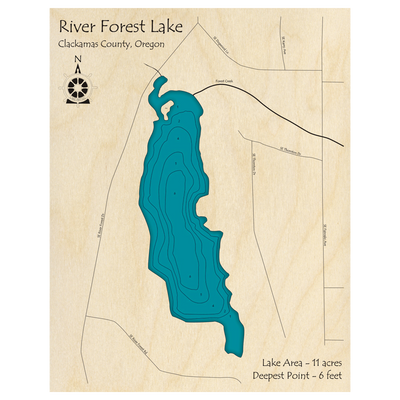 Bathymetric topo map of River Forest Lake, OR with roads, towns and depths noted in blue water.