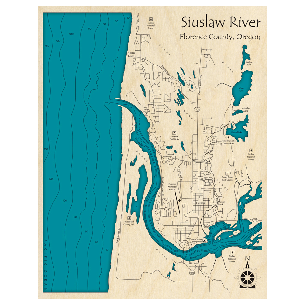 Bathymetric topo map of Siiuslaw River, OR with roads, towns and depths noted in blue water.