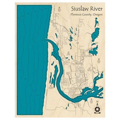 Bathymetric topo map of Siiuslaw River, OR with roads, towns and depths noted in blue water.
