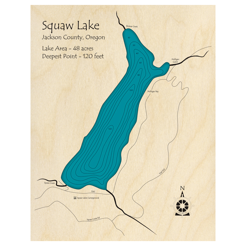 Bathymetric topo map of Squaw Lake, OR with roads, towns and depths noted in blue water.