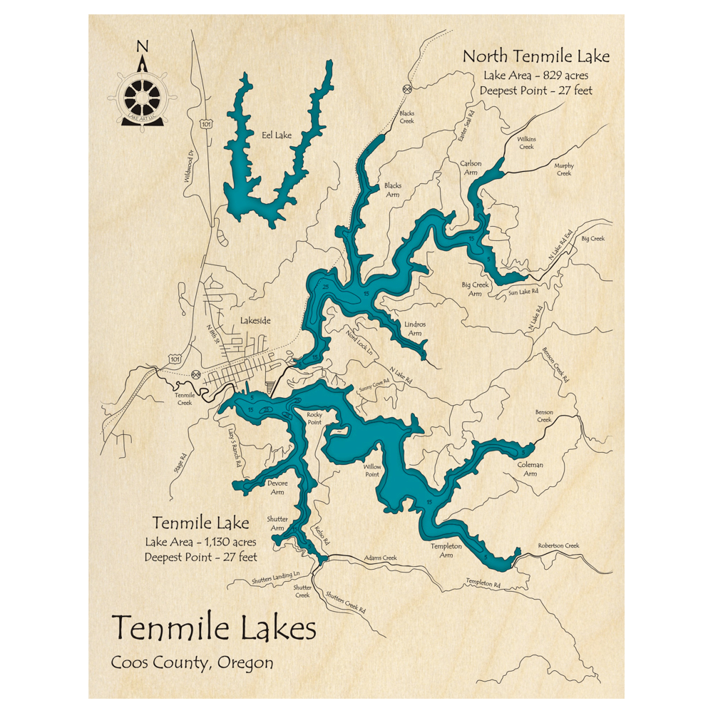 Bathymetric topo map of Tenmile Lake, OR with roads, towns and depths noted in blue water.