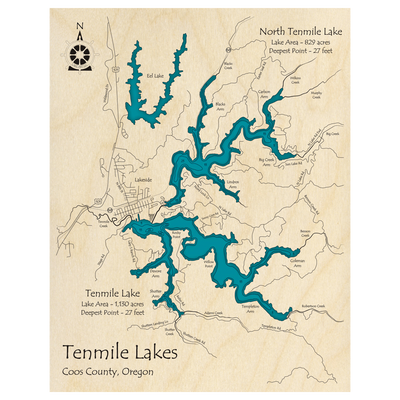 Bathymetric topo map of Tenmile Lake, OR with roads, towns and depths noted in blue water.