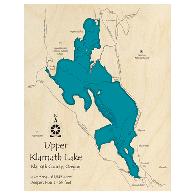 Bathymetric topo map of Upper Klamath Lake, OR with roads, towns and depths noted in blue water.