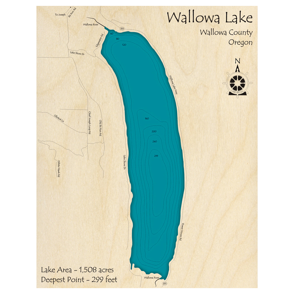 Bathymetric topo map of Wallowa Lake, OR with roads, towns and depths noted in blue water.