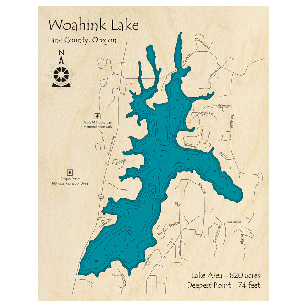 Bathymetric topo map of Woahink Lake, OR with roads, towns and depths noted in blue water.