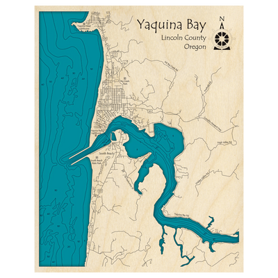 Bathymetric topo map of Yaquina Bay, OR with roads, towns and depths noted in blue water.