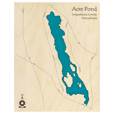 Bathymetric topo map of Acre Pond, PA with roads, towns and depths noted in blue water.