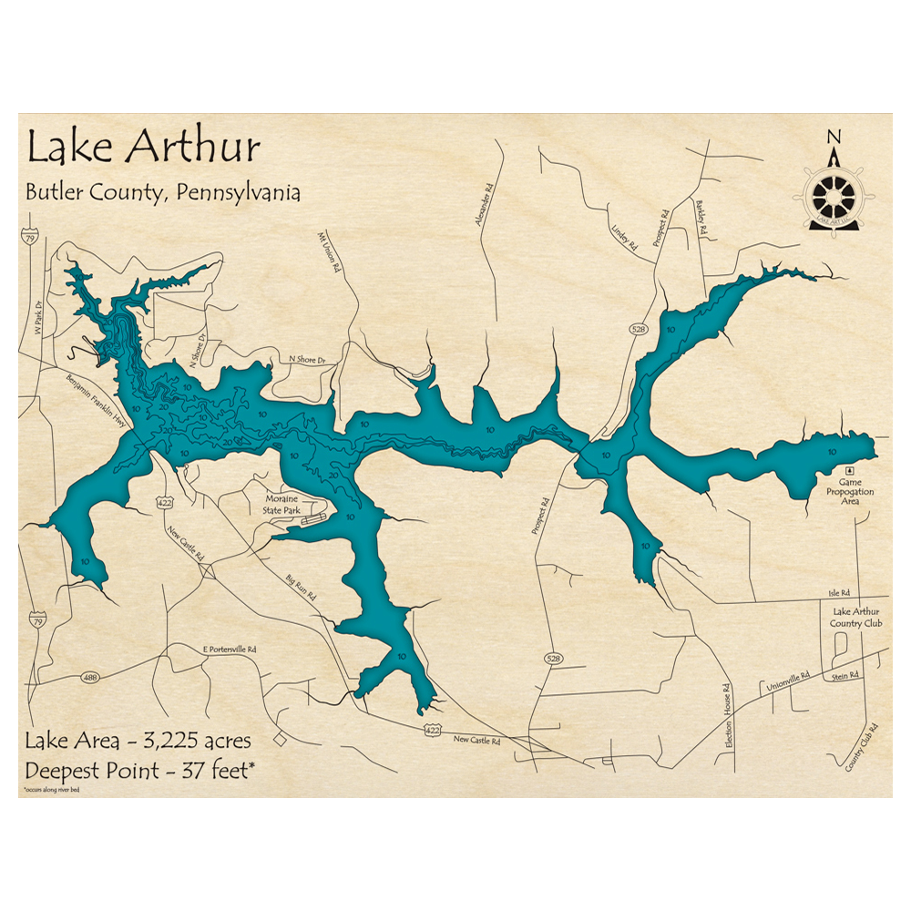 Bathymetric topo map of Lake Arthur, PA with roads, towns and depths noted in blue water.